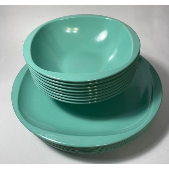 Vintage MSE Set Of 8 bowls and 8 plates Melamine melmac teal - Picture 1 of 8